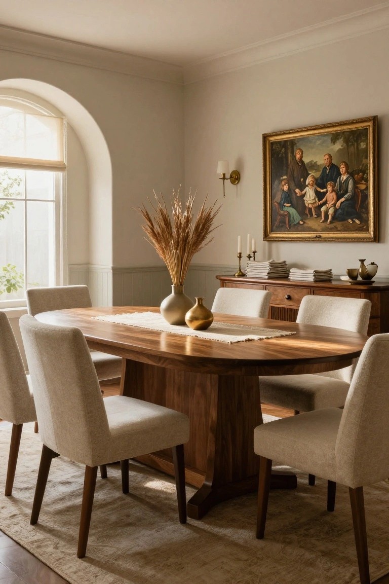 A dining room with an oval wooden table, upholstered chairs, a wooden sideboard holding stacked books and candlesticks, and a large framed painting on the wall above it.