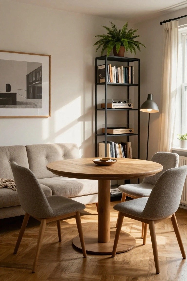 A round wooden dining table with four upholstered chairs sits between a light gray sofa and a tall black bookshelf in a bright living room.