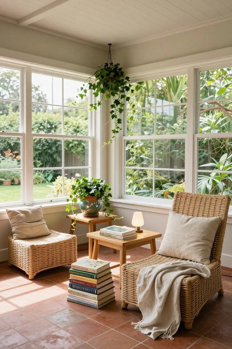 A bright sunroom interior with two wicker chairs, stacked books on a wooden table, potted plants, and large windows.