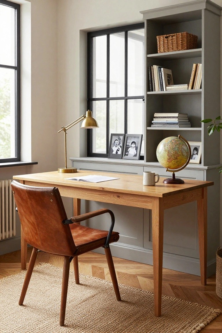A wooden desk with a brown leather chair in front of gray built-in bookshelves under a window.