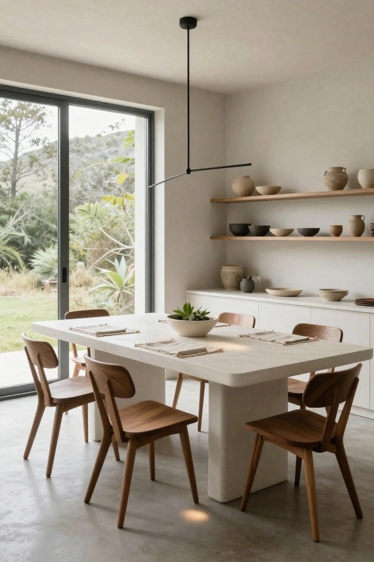 A light-colored concrete pedestal dining table with wooden chairs in a minimalist room featuring wall shelves with ceramics and a large glass door opening to an outdoor view.