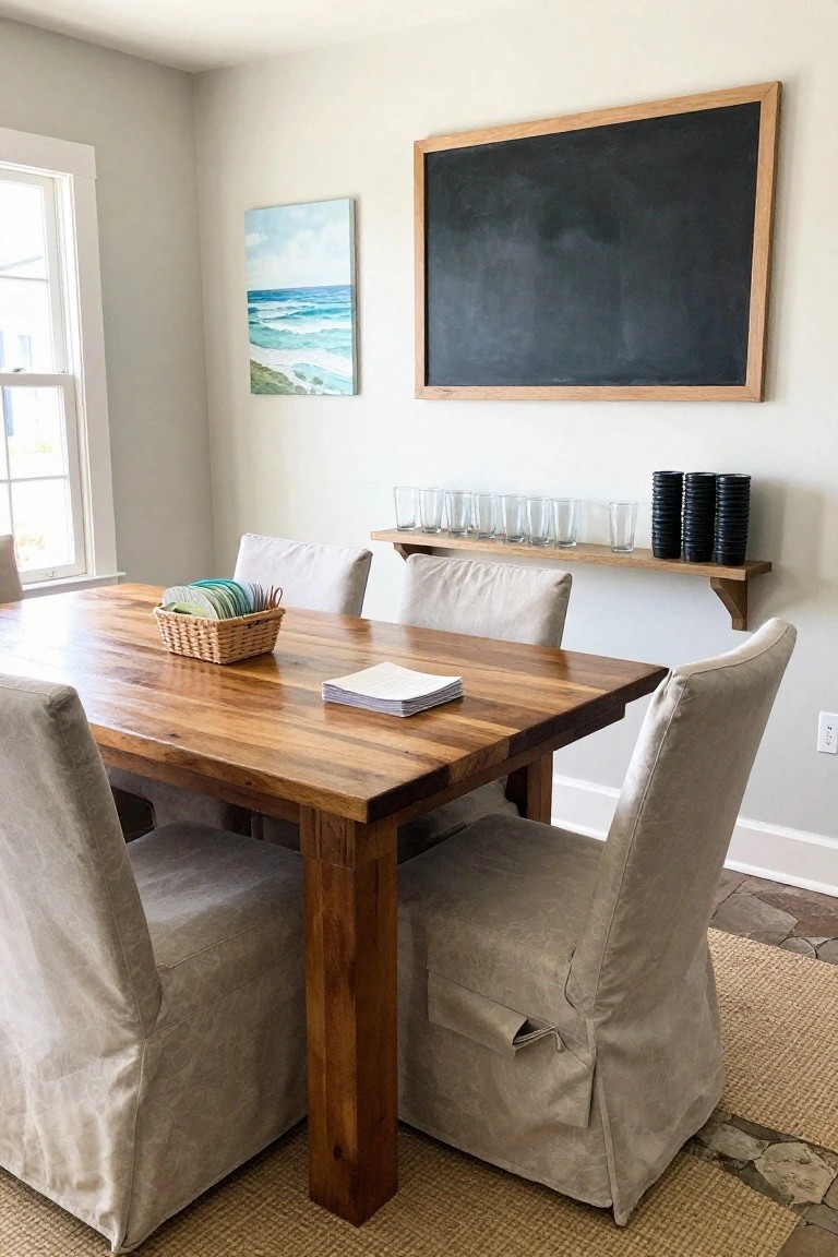 A coastal dining room featuring a wooden table with slipcovered chairs, a large framed chalkboard on the wall, and a small ocean painting nearby.
