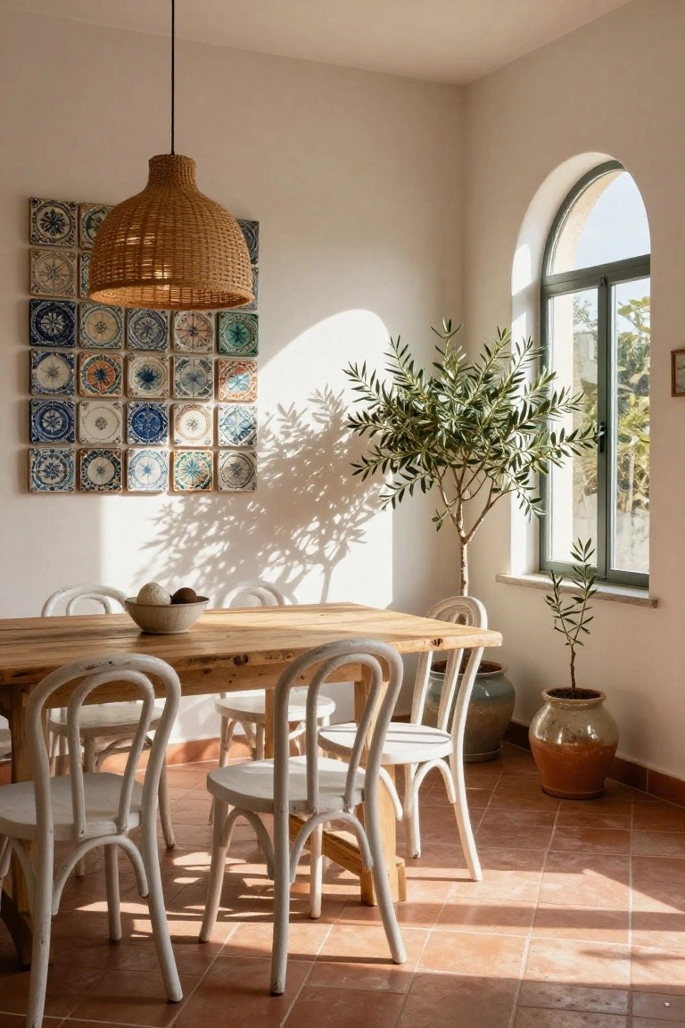 A dining room interior with a wooden table, white bentwood chairs, a woven pendant light, and a grid of colorful decorative tiles on one wall beside an arched window.