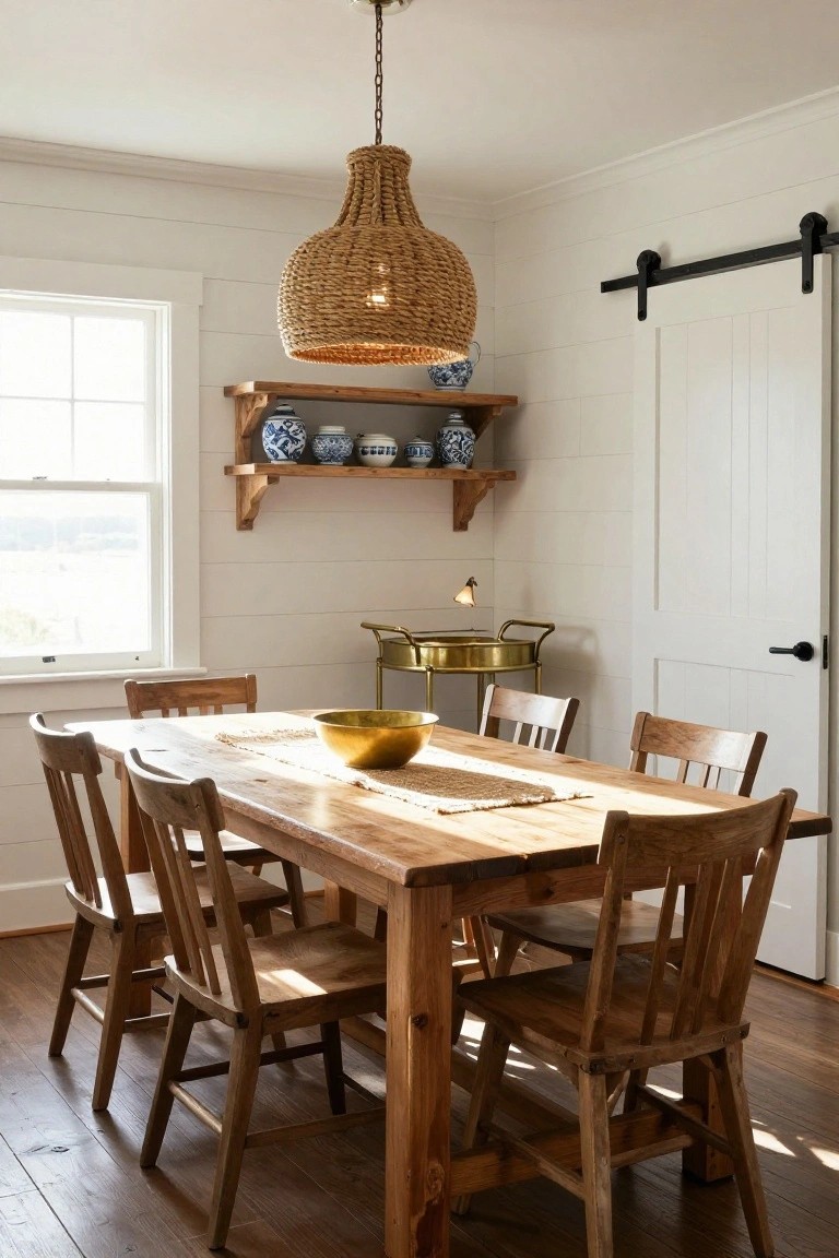 A coastal dining room featuring a long wooden table with matching chairs, a large woven pendant light hanging above, and a wooden wall shelf holding blue and white ceramic pieces.