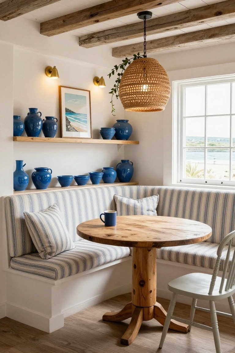 A dining nook with built-in striped bench seating around a round wooden table, blue pottery on wall shelves, and a large window.