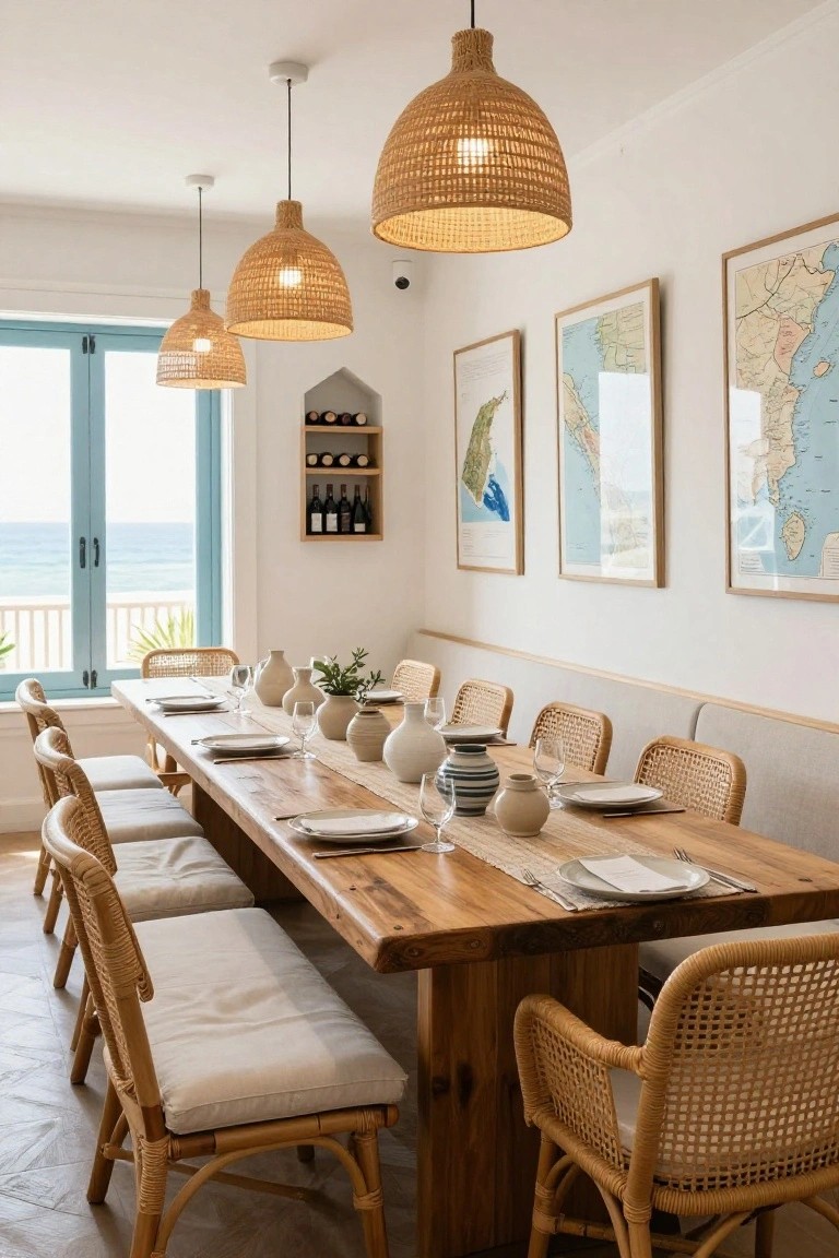 A coastal dining room featuring a long wooden table with rattan chairs, multiple woven pendant lights overhead, and framed maps on the wall.