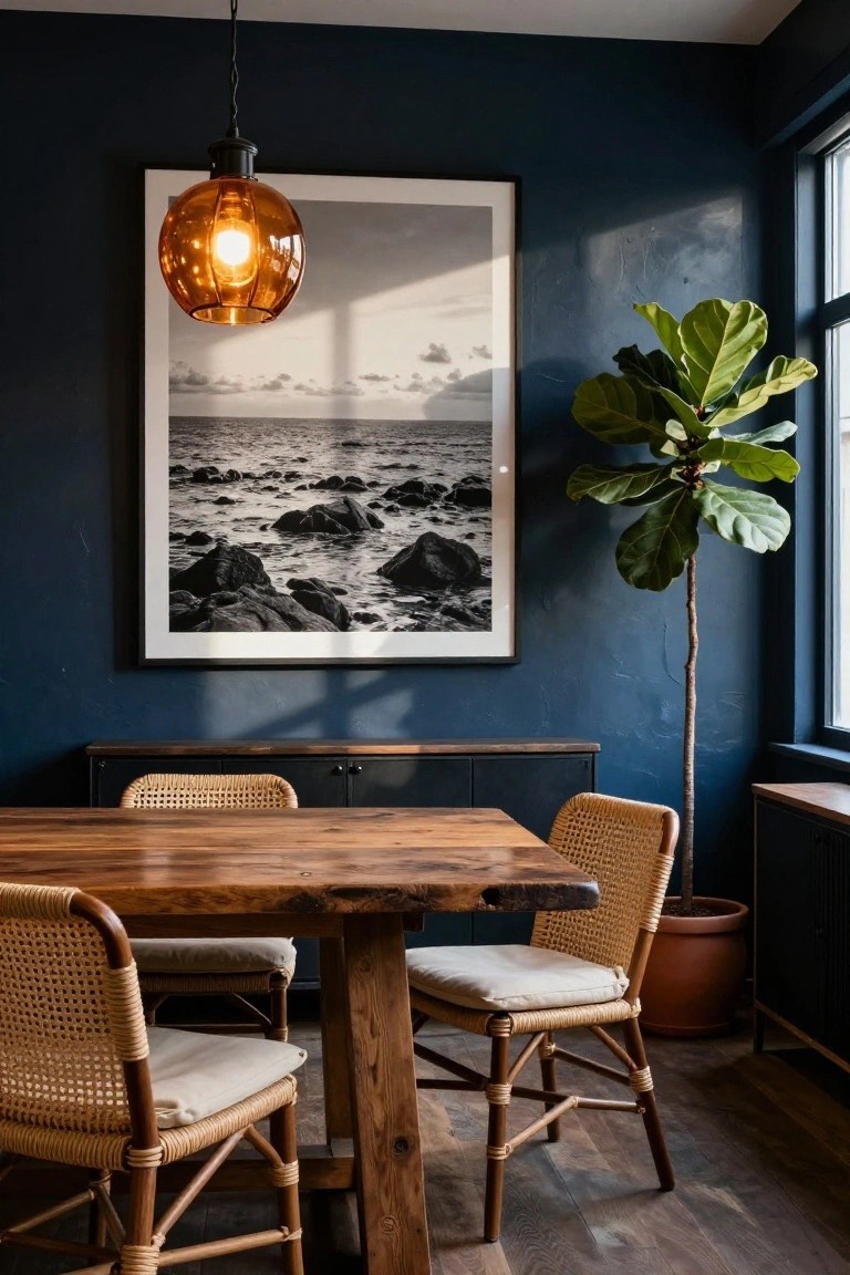 A dining room featuring a rustic wooden table, rattan chairs with cushions, dark navy walls, an amber glass pendant light, and a large framed black and white ocean photograph.