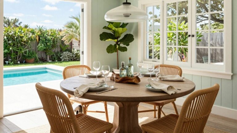 21 Trendy Coastal Dining Room Ideas for a Breezy Entertaining Space A round wooden dining table with four wooden chairs sits on a circular woven rug inside a room with light blue walls and large windows.