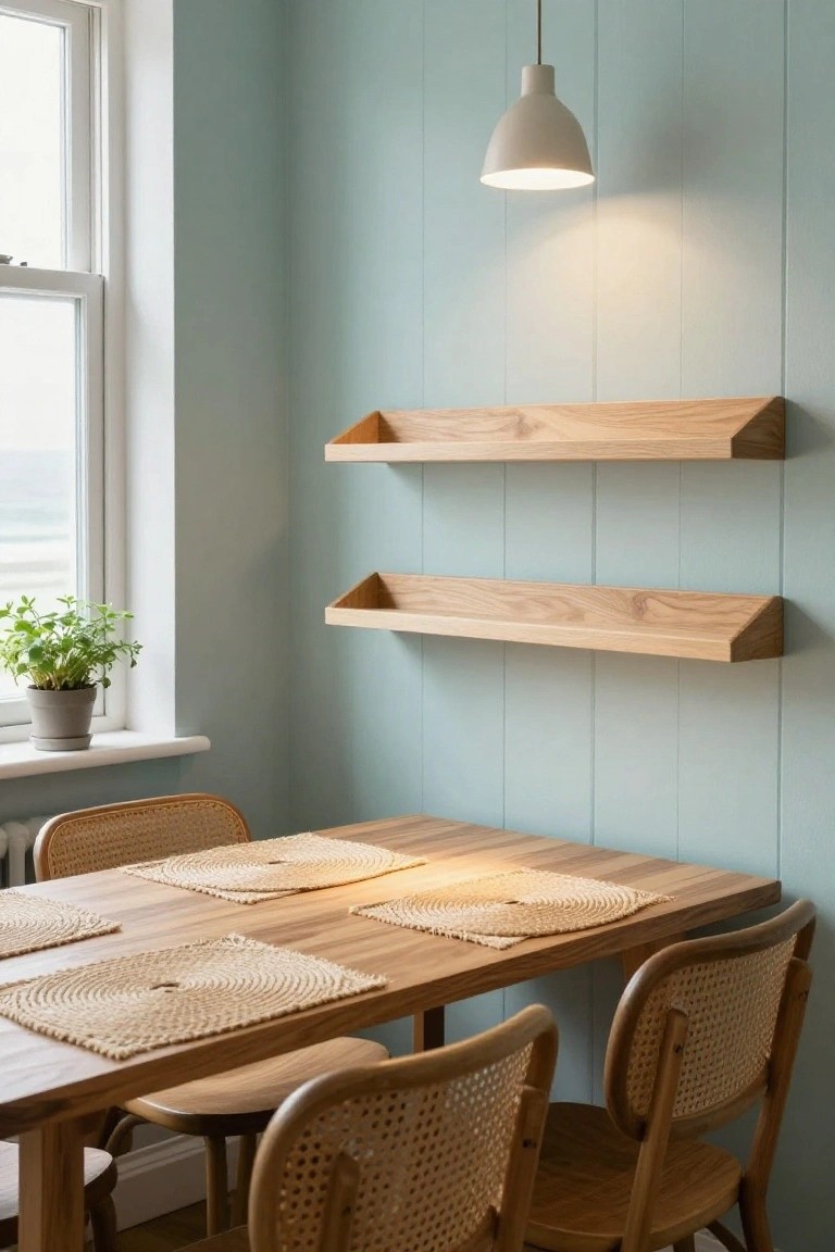 A dining room featuring a wooden table with woven placemats and cane-back chairs, two light wood floating shelves mounted on a pale blue wall, and a white pendant light overhead.