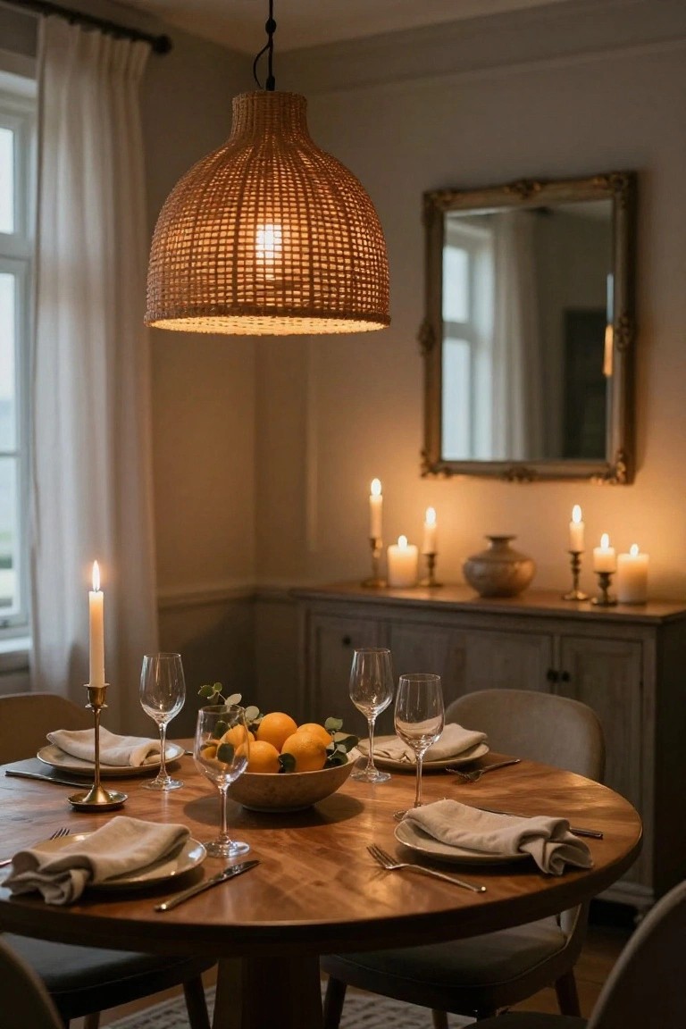 A round wooden dining table set with plates, napkins, wine glasses, and a bowl of oranges, surrounded by lit candles on the table and sideboard, with a woven pendant light overhead.