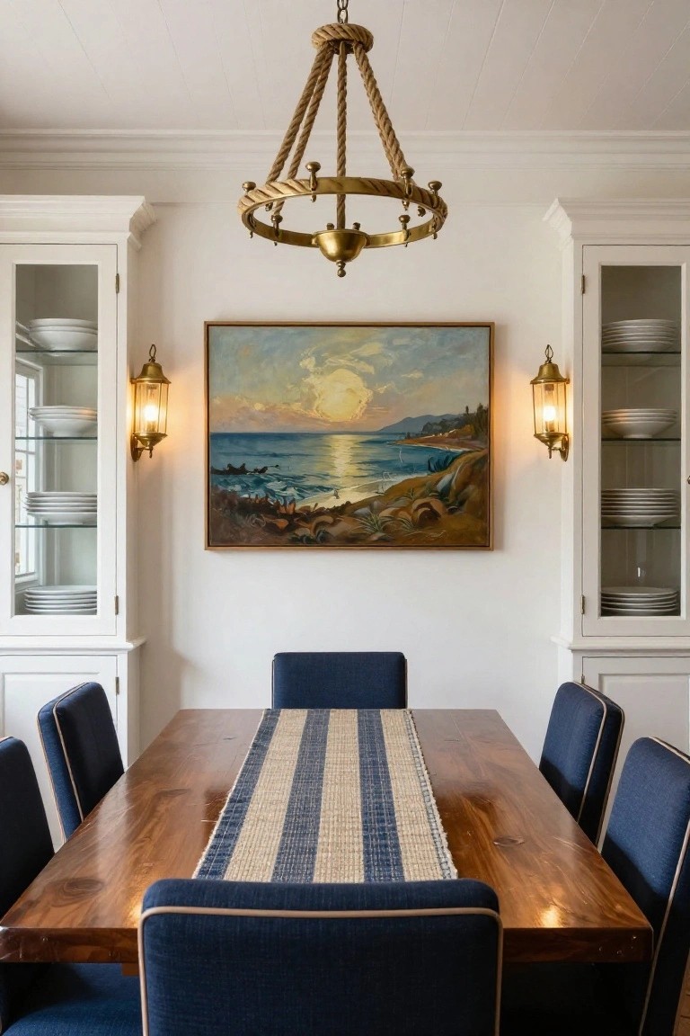 A dining room with a large coastal landscape painting centered on the wall above a wooden table surrounded by blue upholstered chairs, a rope chandelier overhead, and built-in white cabinets on both sides.