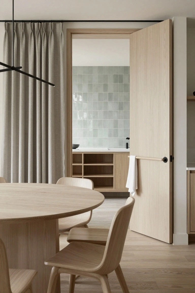 A round light wood dining table with matching chairs sits beside an open light wood door that reveals a kitchen with pale green tile backsplash.