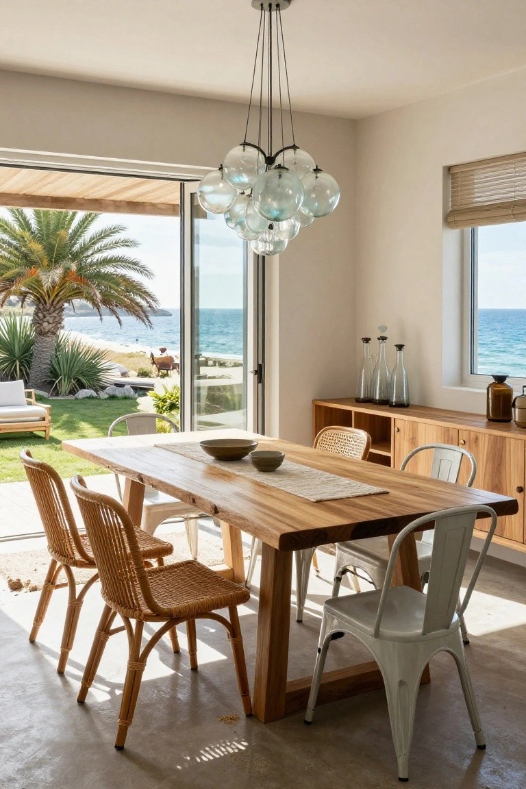 A coastal dining room features a long wooden table with a mix of rattan, metal, and white chairs, large glass doors open to the ocean view.