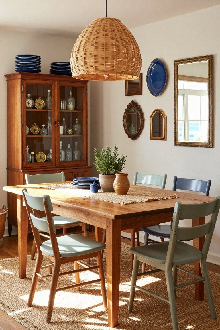 A wooden dining table surrounded by mismatched chairs in shades of blue and green, with a large wooden cabinet, woven light fixture, and blue dishware visible in the room.