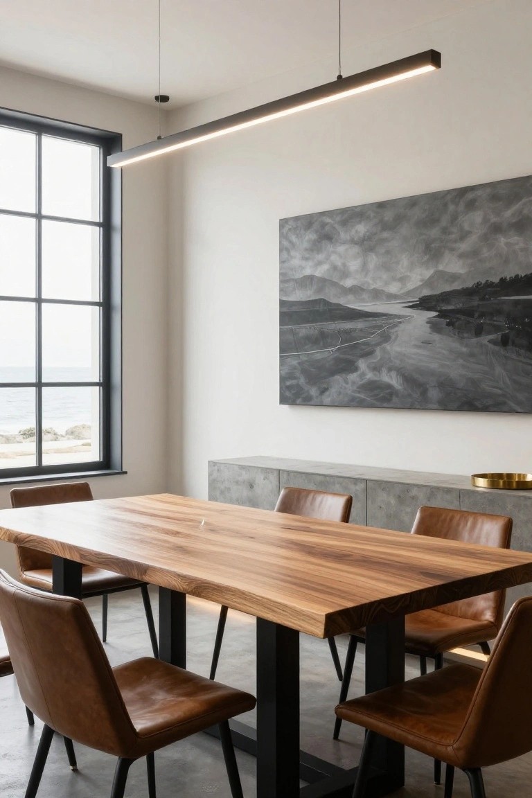 A modern dining room featuring a long live-edge wood table with black legs, surrounded by brown leather chairs, a linear pendant light above, a large abstract landscape painting on the wall, and a wide window showing the ocean.