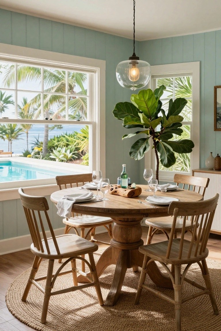 A round wooden dining table with four wooden chairs sits on a circular woven rug inside a room with light blue walls and large windows.
