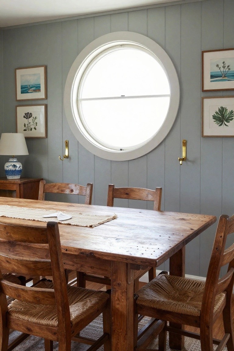 A coastal dining room featuring a large round window on a light blue paneled wall above a wooden table with woven-seat chairs.