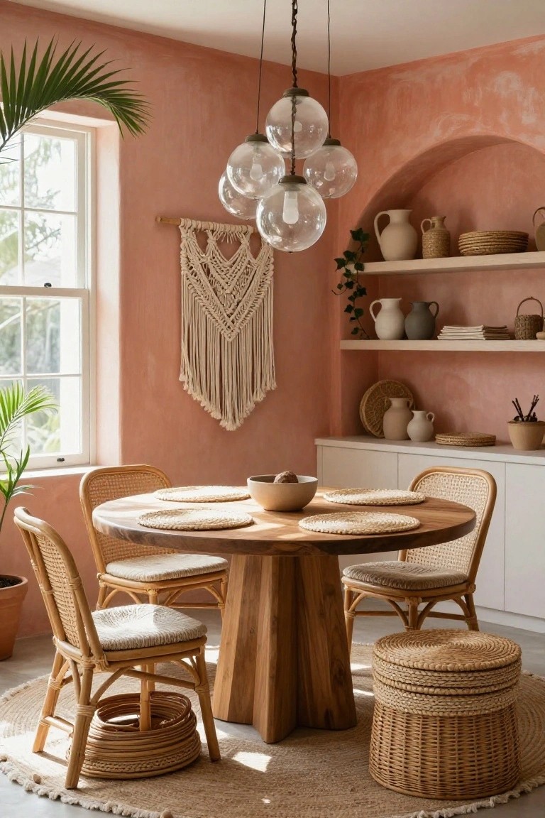 A round wooden dining table with four rattan chairs sits on a woven rug in a room with terracotta walls, a macrame wall hanging, and open shelving with pottery.