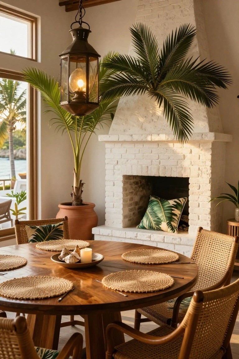 A round wooden dining table with woven placemats and wicker chairs is positioned in front of a white brick fireplace inside a coastal dining room with potted palm plants.