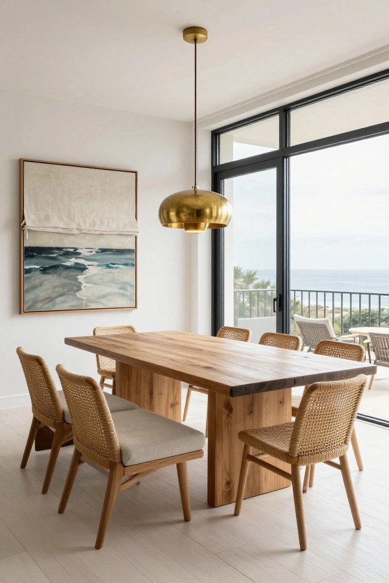A coastal dining room featuring a long wooden table surrounded by woven rattan chairs, a large brass pendant light, and an ocean view through black-framed windows.