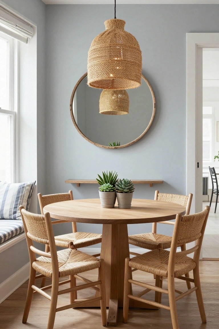 A round wooden dining table with four woven chairs sits under a large woven pendant light, with a round mirror on the wall behind.