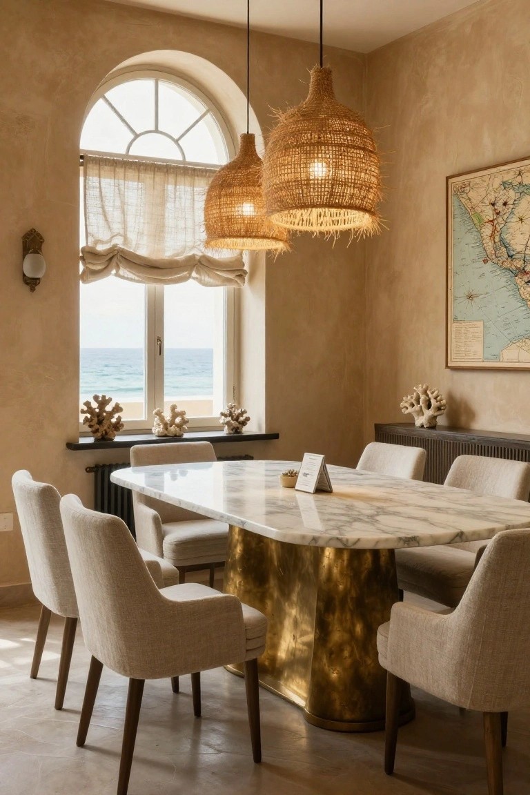 A dining room with a marble table on a gold base, several woven pendant lights, upholstered chairs, and an arched window overlooking the ocean.
