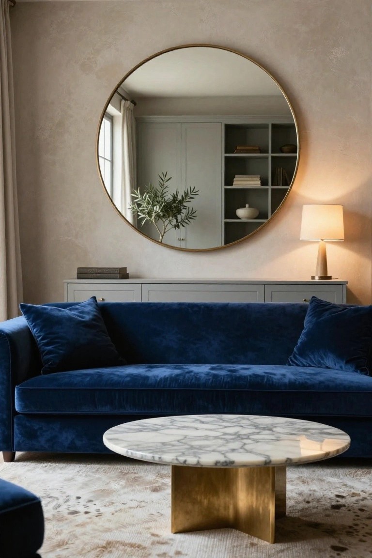 A living room with a blue velvet sofa, round marble coffee table on a brass base, and a large round mirror above a gray console table with a lit table lamp.