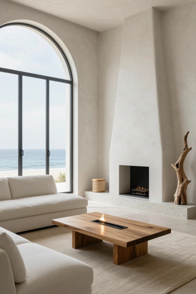 A bright living room with a white sofa, wooden coffee table with a built-in fire feature, a minimalist fireplace, and a large arched window overlooking the ocean.