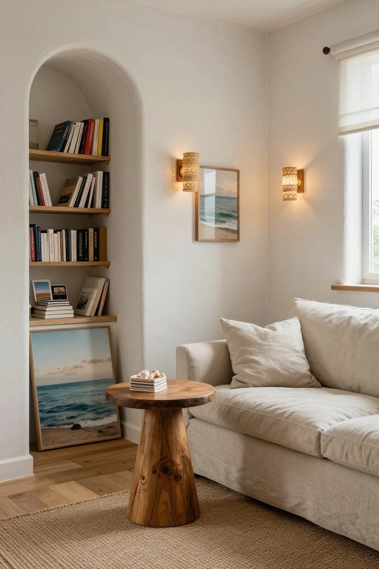 A coastal living room featuring a beige sofa, round wooden side table, and built-in wooden shelves inside a large arched alcove, with coastal artwork on the walls and two lit sconces.
