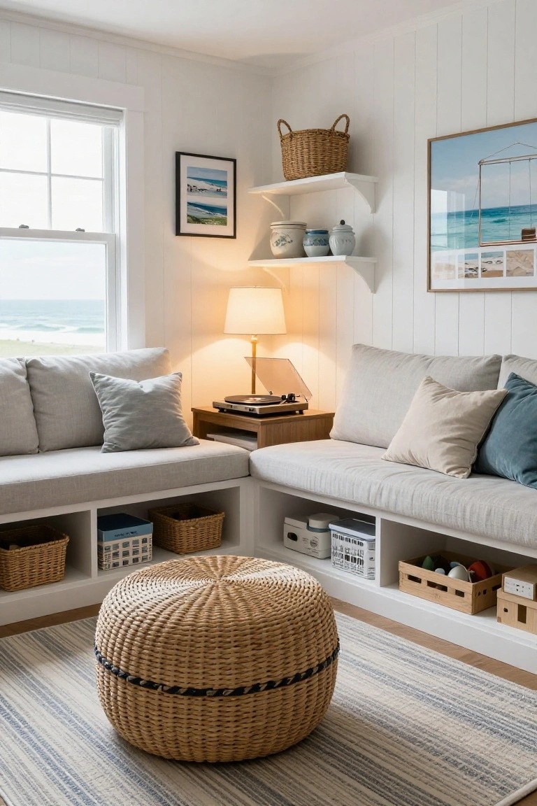 A bright coastal living room with white L-shaped built-in benches, light cushions, open storage cubbies holding baskets and boxes, a round woven ottoman on a striped rug, and a record player on a side table.