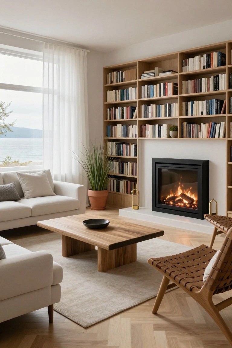 A coastal living room with white sofas, a wooden coffee table on a rug, a black fireplace set into white built-in bookshelves filled with books, and a large window showing the ocean.
