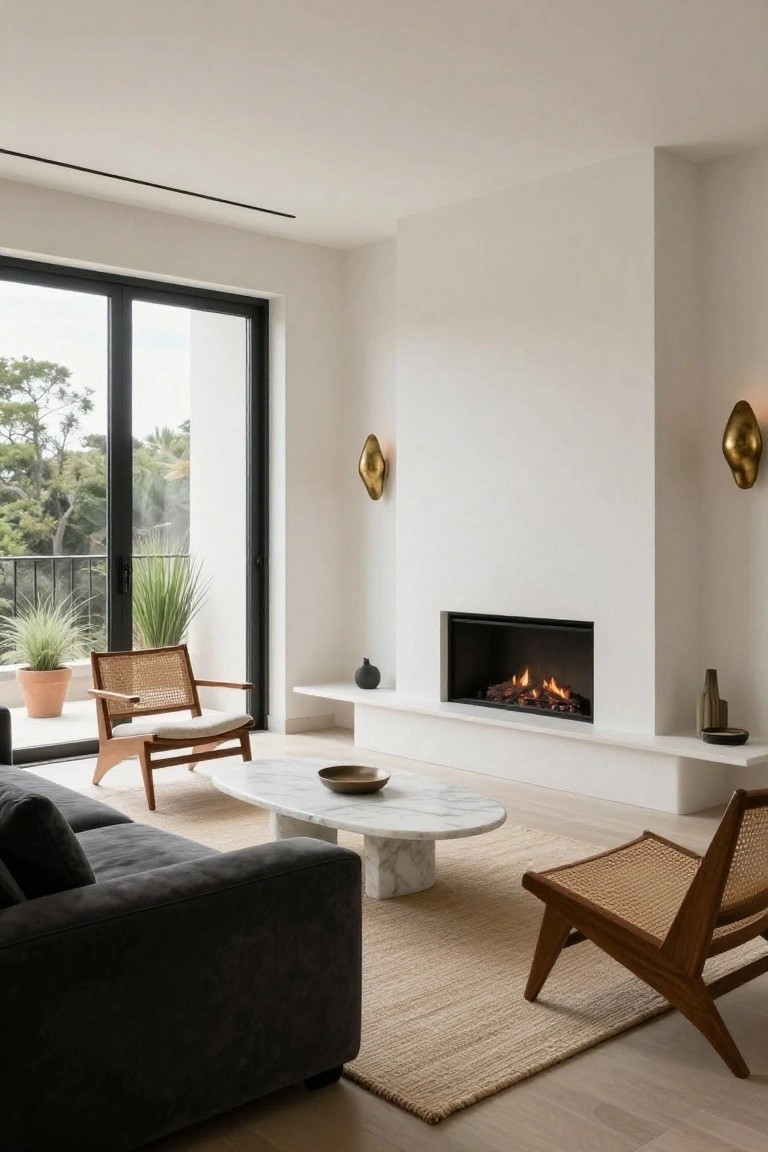 A bright living room with a white built-in fireplace, long floating shelf, marble coffee table, dark sofa, and two wooden woven chairs on a beige rug.