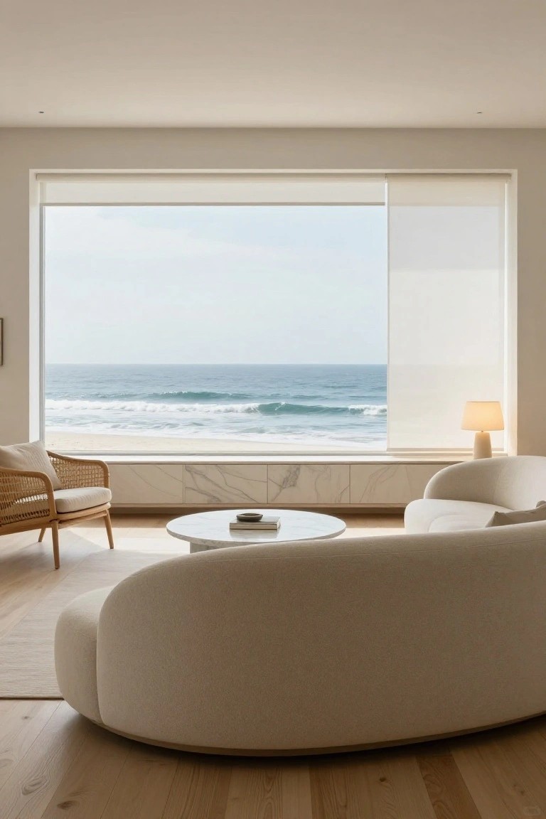 A coastal living room with a large ocean-view window, a partially lowered white roller shade on the right, a curved beige sofa, round marble table, and wicker chair on light wood flooring.