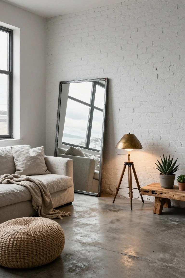 Minimalist lounge with beige sofa, leaning mirror, tripod lamp, woven pouf on concrete floor