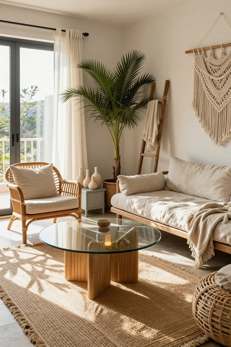 Sunlit bohemian living room with rattan chair, linen sofa, glass table, and palm plant