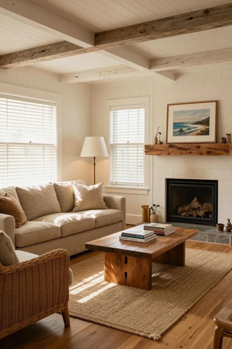 A coastal living room with white walls, exposed wooden beams, a beige sofa, a wooden coffee table on a jute rug, and a black fireplace.