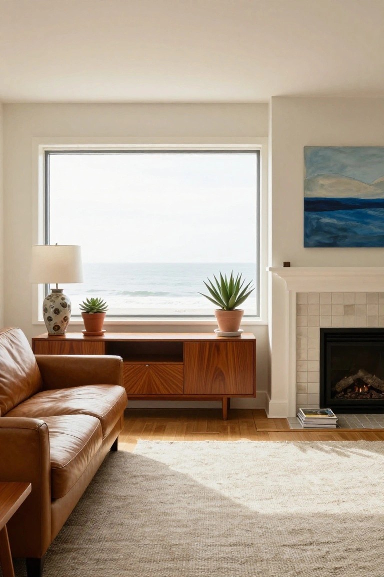 A living room interior with a brown leather sofa, a low wooden console beneath a large ocean-view window, and a white fireplace on the right wall.