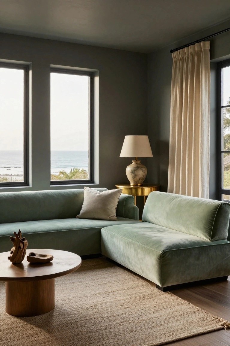 A sage green velvet sectional sofa sits in a living room with a round wooden coffee table, neutral rug, and large windows showing an ocean view.