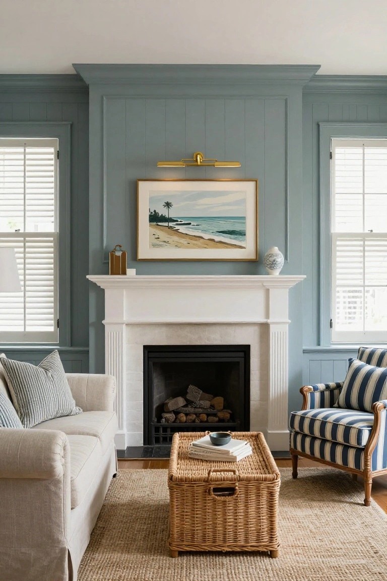 A coastal living room with blue-gray paneled walls, a white fireplace mantel, beach artwork above the firebox, a light sofa with striped pillows, a striped armchair, and a woven ottoman on a jute rug.