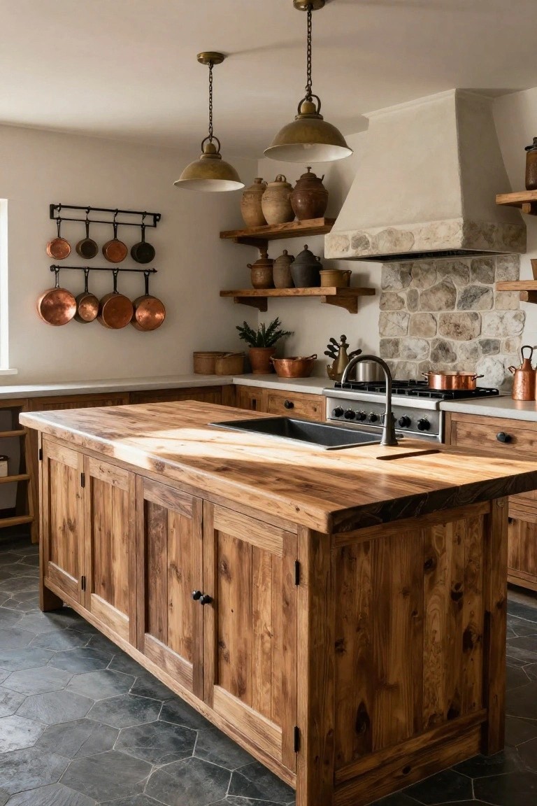A rustic kitchen with a large wooden island, dark metal sink, and stone range hood above a gas stove.