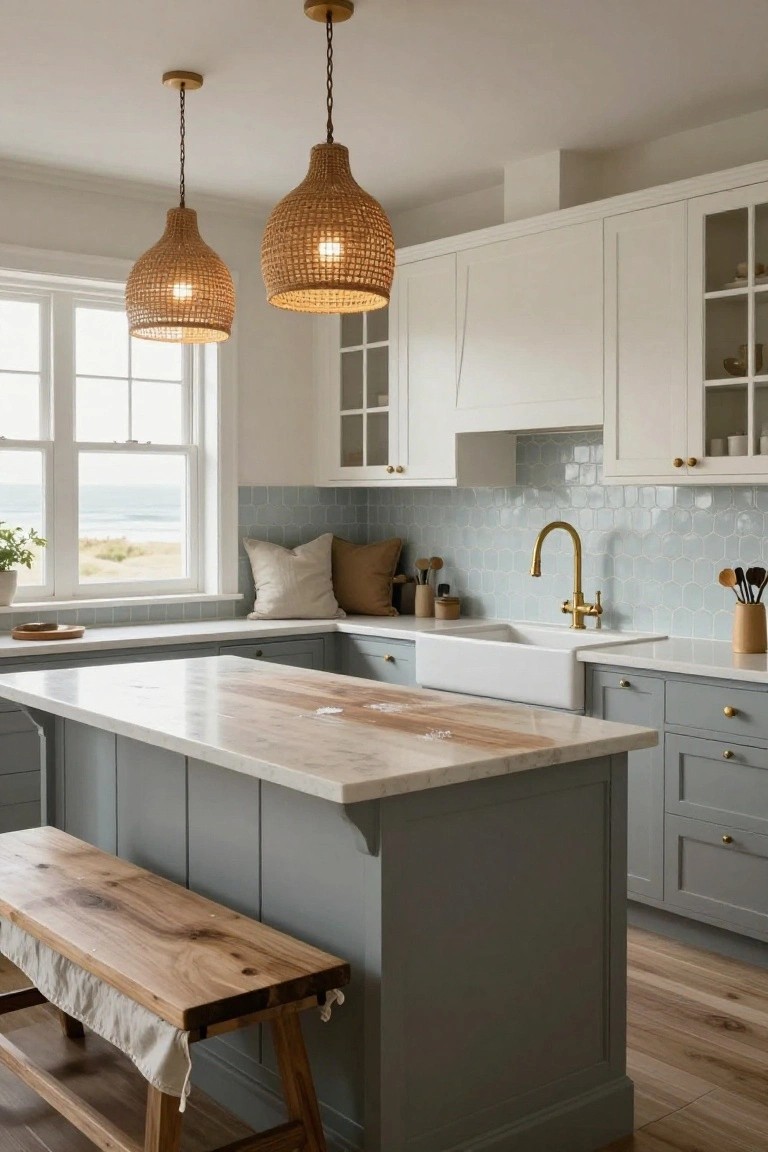 A bright kitchen with a large gray island, white marble and wood countertop, wooden bench on one side, white upper cabinets, light blue tile backsplash, brass faucet, and two woven pendant lights.