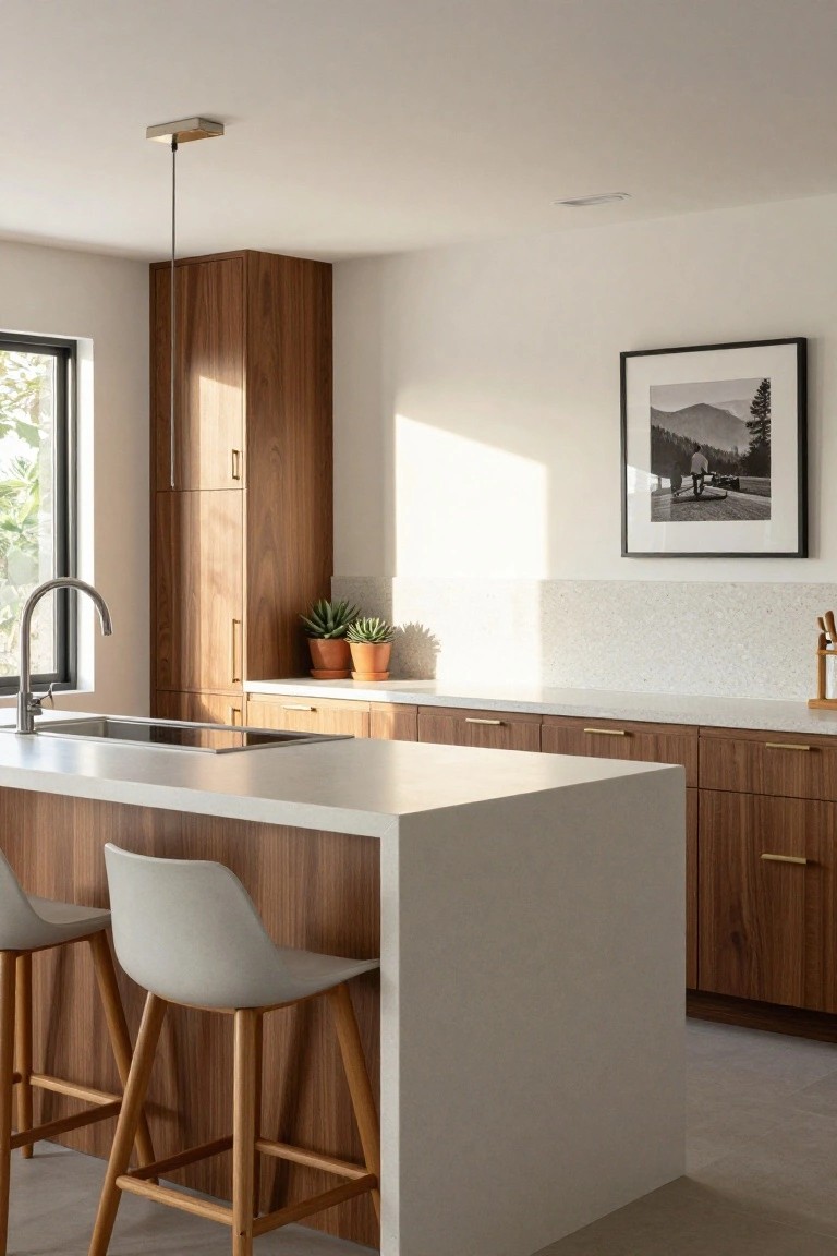 A kitchen interior with wood cabinetry, a light stone island with two bar stools, a stainless sink, and a pendant light.