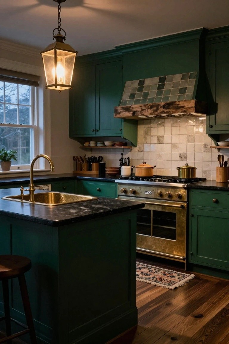 A kitchen interior featuring dark green cabinets, a brass sink and faucet on a dark countertop island, a stainless steel range with a wooden hood, and a lit lantern pendant light.