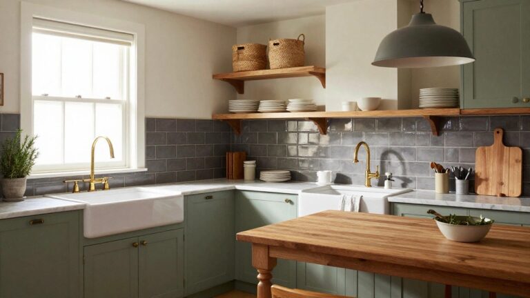 18 Cozy Timeless Kitchen Ideas That Feel Warm and Functional A kitchen with sage green lower cabinets, white marble countertops, a white farmhouse sink with brass faucet, and wooden open shelves holding white dishes above a subway tile backsplash.