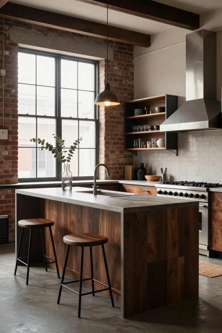 Modern kitchen with wooden island, concrete top, two stools, brick walls, and pendant light
