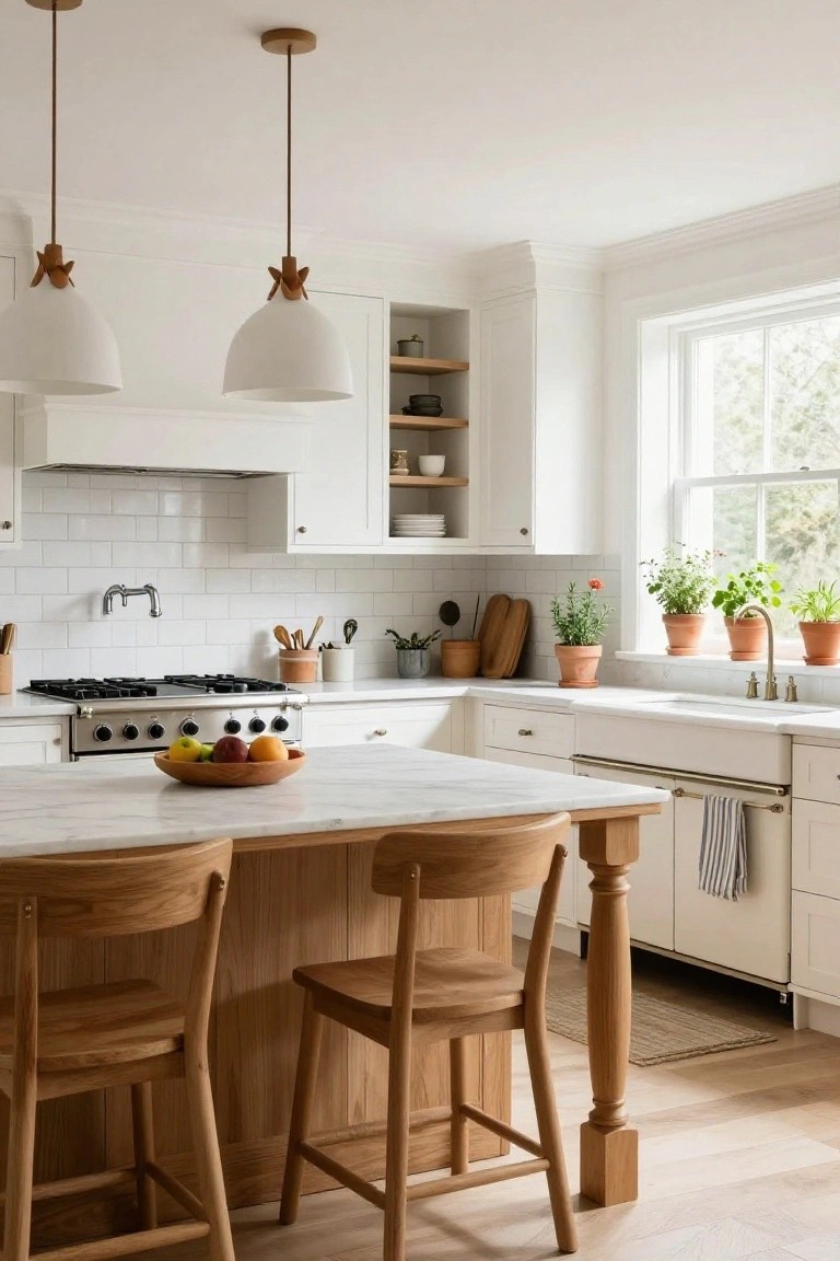 A bright kitchen with white cabinets, a marble-topped wooden island, wooden bar stools, open shelving, and a farmhouse sink beneath a window.
