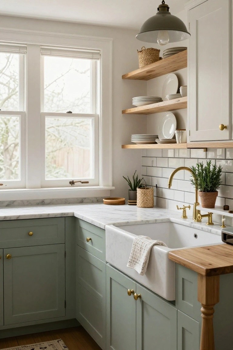 A kitchen with sage green lower cabinets, white marble countertops, a white farmhouse sink with brass faucet, and wooden open shelves holding white dishes above a subway tile backsplash.