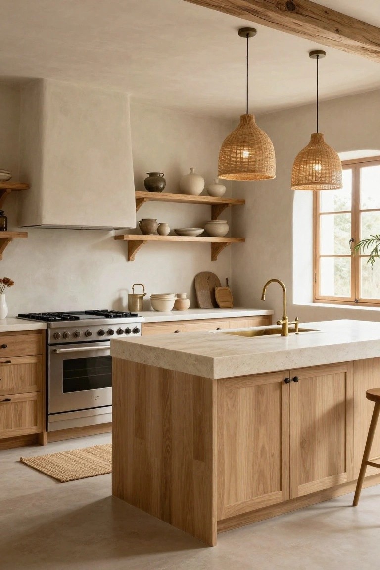 A kitchen interior with a large wooden island topped in stone, open wooden shelves on the wall, a stainless steel range, and two woven pendant lights.