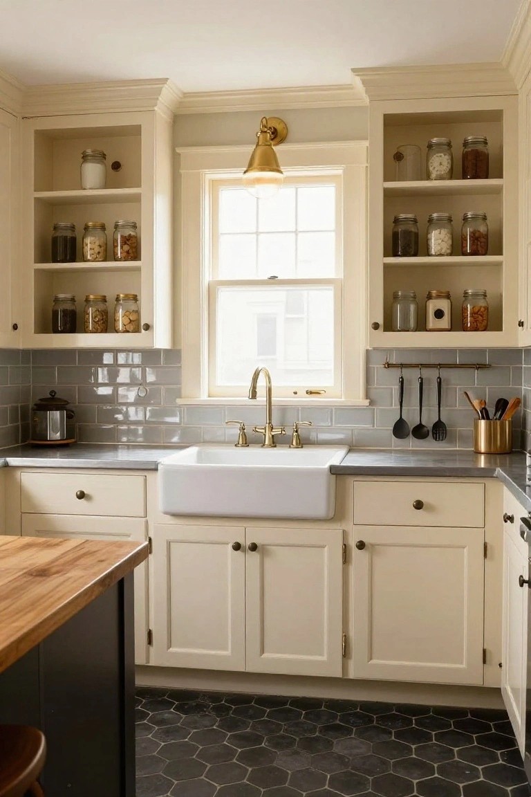 A kitchen interior showing white cabinets, open shelves with glass jars on both sides of a window above a white farmhouse sink, gray tile backsplash, and dark hexagonal floor tiles.