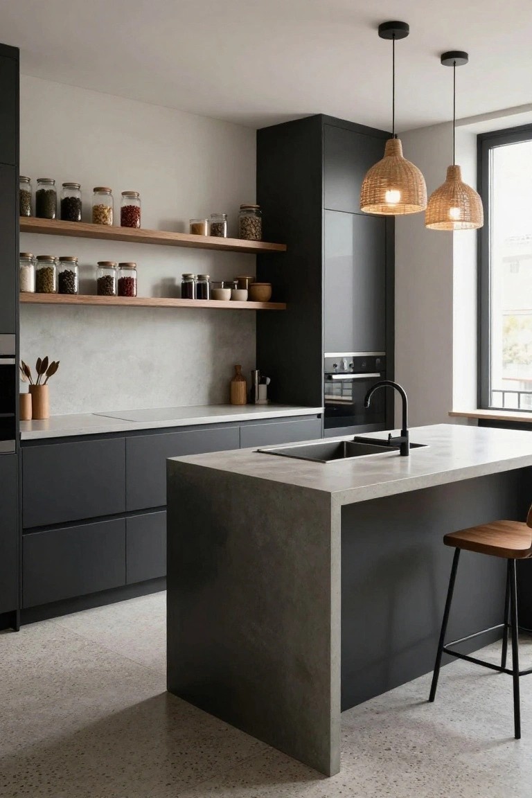 Modern kitchen interior with dark gray cabinets, concrete island and sink, open wooden shelves holding glass jars of ingredients, and two woven pendant lights.